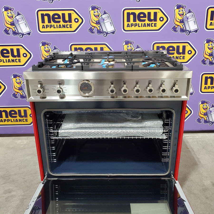 Bertazonni Professional Series 36" 5.7 cu. ft. Dual Fuel Range with Dual Convection Oven, 6 Brass Burners, and Soft-Close Oven Door in Red PROF366DFSROT - Open Box