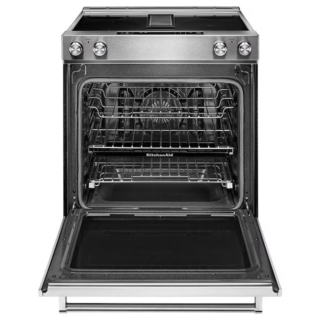 KitchenAid 30-Inch 4-Element Electric Downdraft Slide-In Range in Stainless Steel 24SD035 - KSEG950ESS - Open Box