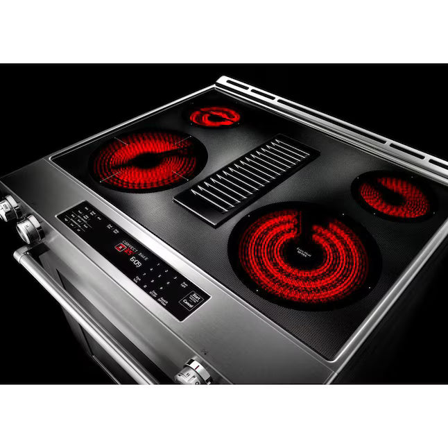 KitchenAid 30-Inch 4-Element Electric Downdraft Slide-In Range in Stainless Steel 24SD035 - KSEG950ESS - Open Box