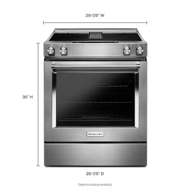KitchenAid 30-Inch 4-Element Electric Downdraft Slide-In Range in Stainless Steel 24SD035 - KSEG950ESS - Open Box