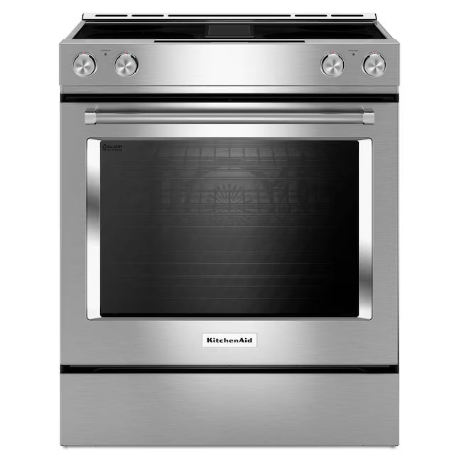 KitchenAid 30-Inch 4-Element Electric Downdraft Slide-In Range in Stainless Steel 24SD035 - KSEG950ESS - Open Box