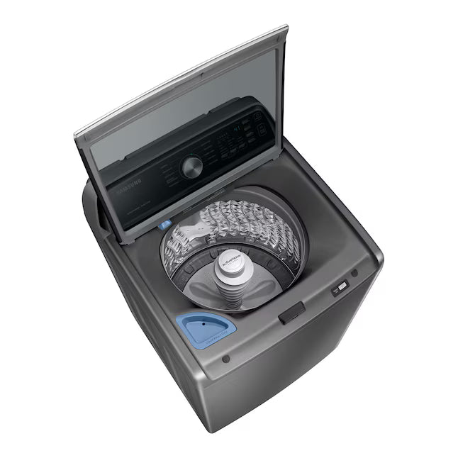 Samsung 4.4 cu. ft. Top Load Washer with ActiveWave™ Agitator and Active WaterJet in Platinum WA44A3405AP - Certified Refurbished and Samsung Platinum Electric 7.4 Cu. Ft. Dryer with Sensor Dry DVE45T3400P - Certified Refurbished