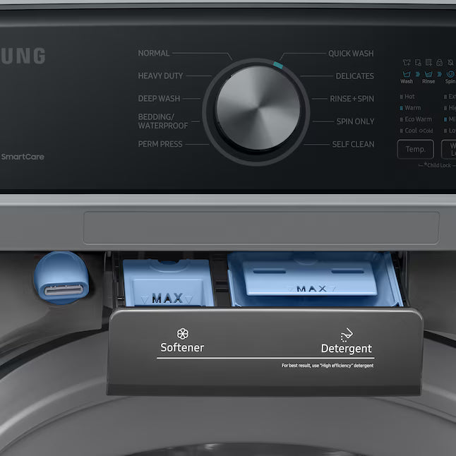 Samsung 4.4 cu. ft. Top Load Washer with ActiveWave™ Agitator and Active WaterJet in Platinum WA44A3405AP - Certified Refurbished and Samsung Platinum Electric 7.4 Cu. Ft. Dryer with Sensor Dry DVE45T3400P - Certified Refurbished