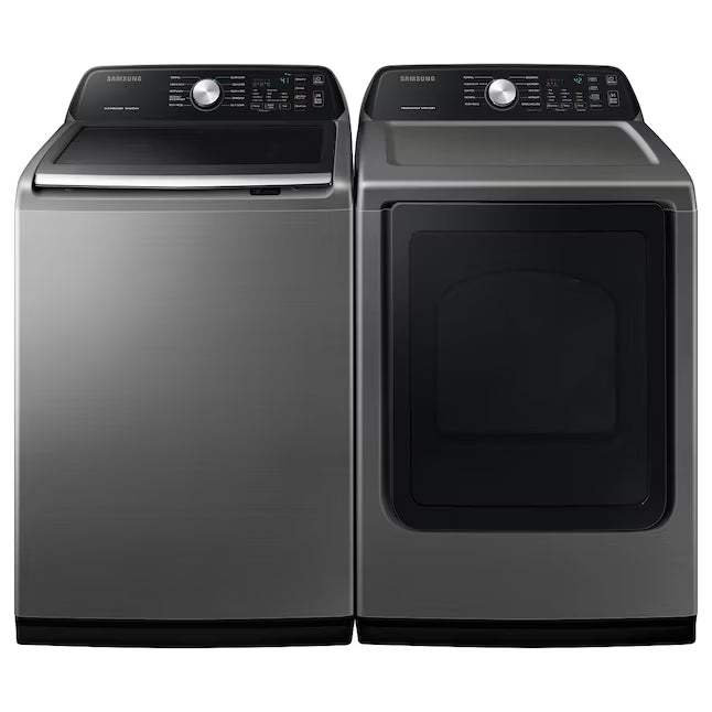 Samsung 4.5 cu. ft. Capacity Top Load Washer with Active WaterJet in Platinum WA45T3400AP - Certified Refurbished and Samsung 7.4 Cu. Ft. Gas Dryer with Sensor Dry in Platinum DVG45T3400P - Certified Refurbished