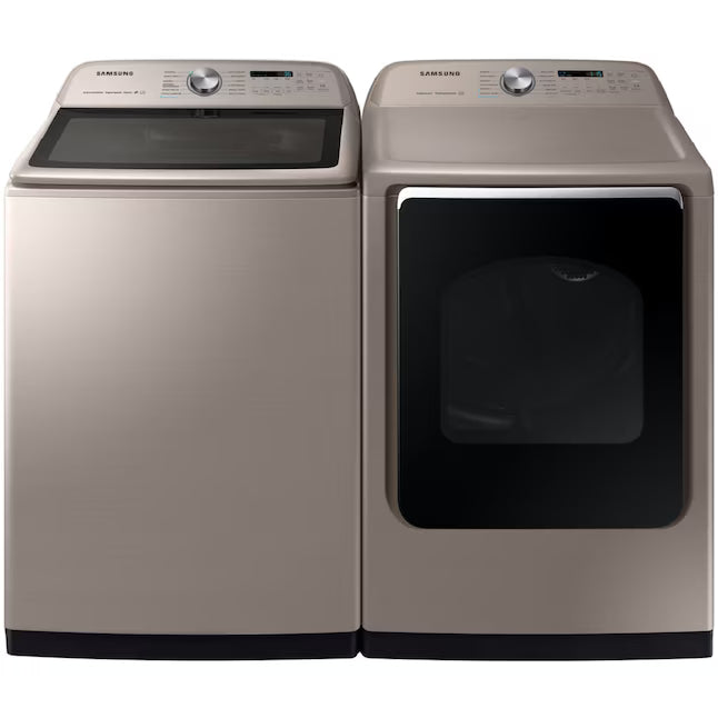 Samsung High Efficiency Extra Large ( 5.4-cu ft ) Top-Load Washer with Steam Cycle in Champagne WA54R7600AC - Certified Refurbished and Samsung 7.4-cu ft Vented Electric Dryer with Steam Cycle in Champagne DVE54R7600C - Certified Refurbished