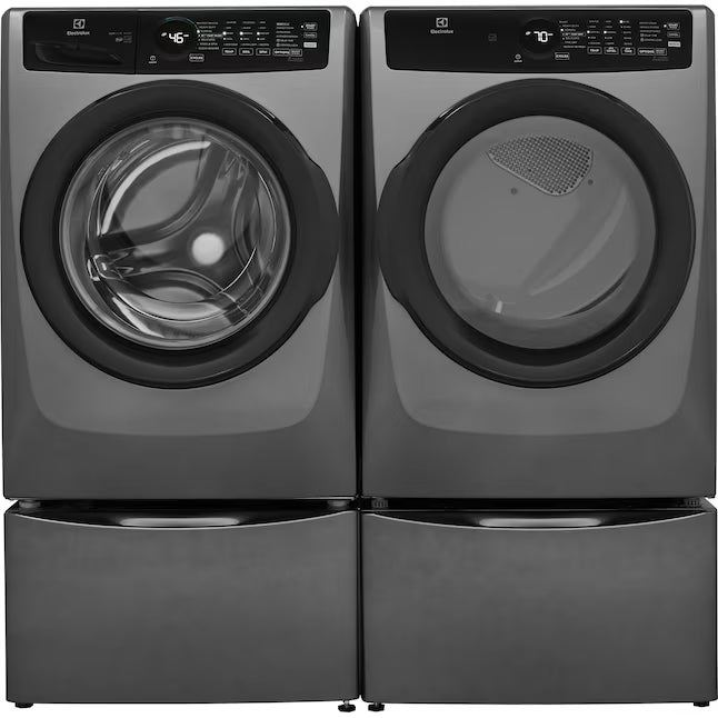 Electrolux 400 Series Front Load Washer - 4.5 Cu. Ft. ELFW7437AT - Scratch & Dent (Minor) and Electrolux 8-cu ft Stackable Vented Electric Dryer with Steam Cycle in Titanium ELFE7437AT - Scratch & Dent (Moderate)