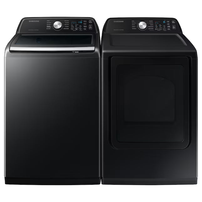 Samsung 5.0 cu. ft. Capacity Top Load Washer with Active WaterJet in Brushed Black WA50R5200AV - Certified Refurbished and Samsung Brushed Black 7.4 cu. ft. Smart Electric Dryer with Sensor Dry 16114 - DVE47CG3500V - New in Box
