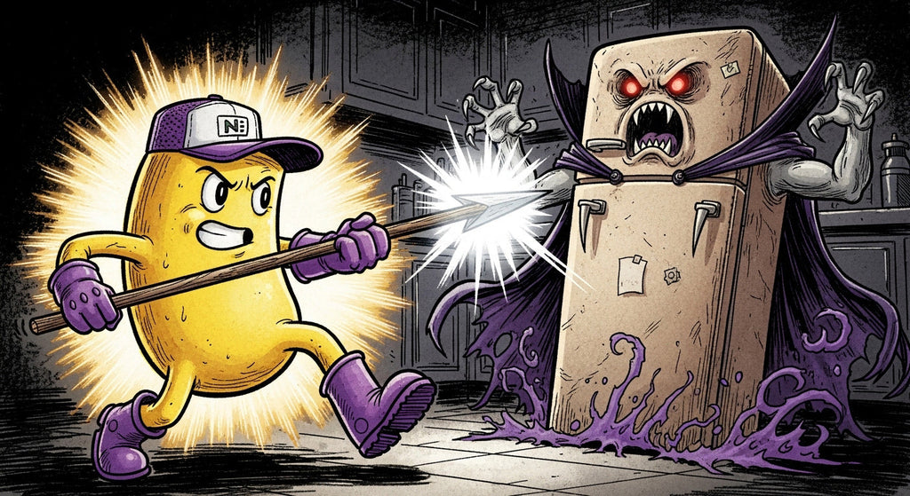 NEU Appliance Outlet Mascot fighting vampire fridge