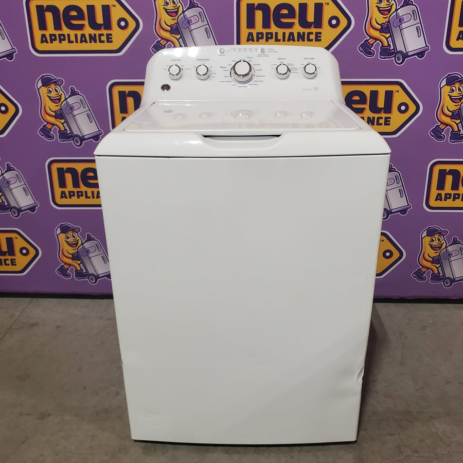 GE 4.5 cu. ft. Capacity Washer with Stainless Steel Basket in White GTW465ASNWW - Certified Refurbished and GE White Electric 6.2 Cu. Ft. Capacity Dryer with Shallow Depth and Up to 120 Ft. Venting Capability 16289 - GTD45EASJWS - Open Box