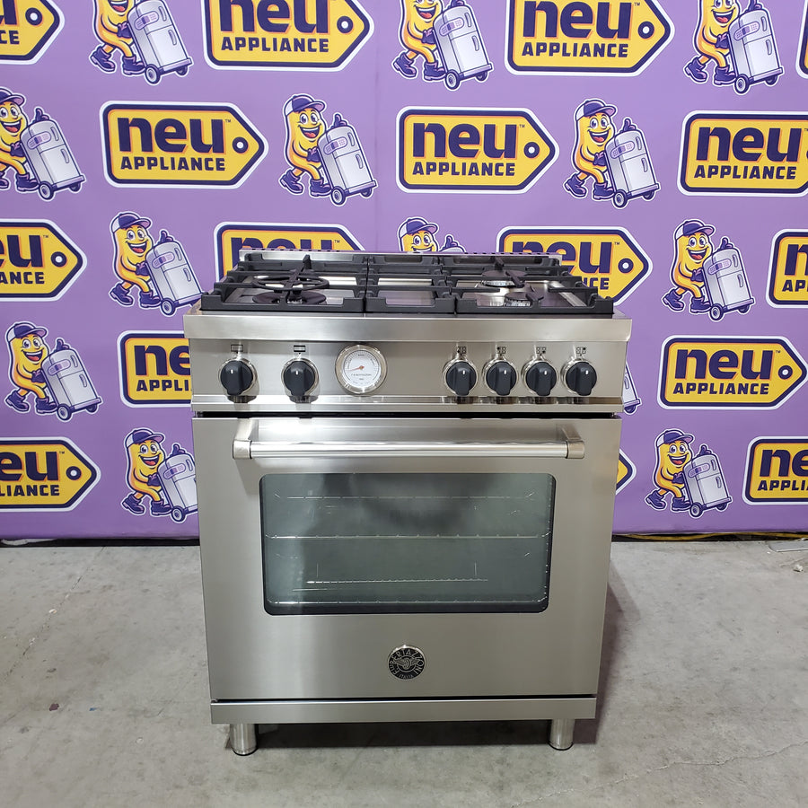 Bertazzoni 30 Inch Gas Range with 4 Aluminum Burners, 4.7 Cu. Ft Oven Capacity, Cast Iron Grates, Convection Bake, Soft Motion Doors, 19000 BTU Power Burner, Infrared Gas Broiler MAST304GASXV - Scratch & Dent (Minor)