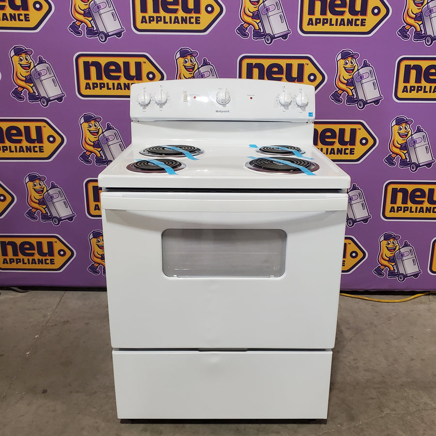 GE Hotpoint 30-in 4 burners 5.0-cu ft Freestanding Electric Range in White RBS330DR3WW - Scratch & Dent (Moderate)