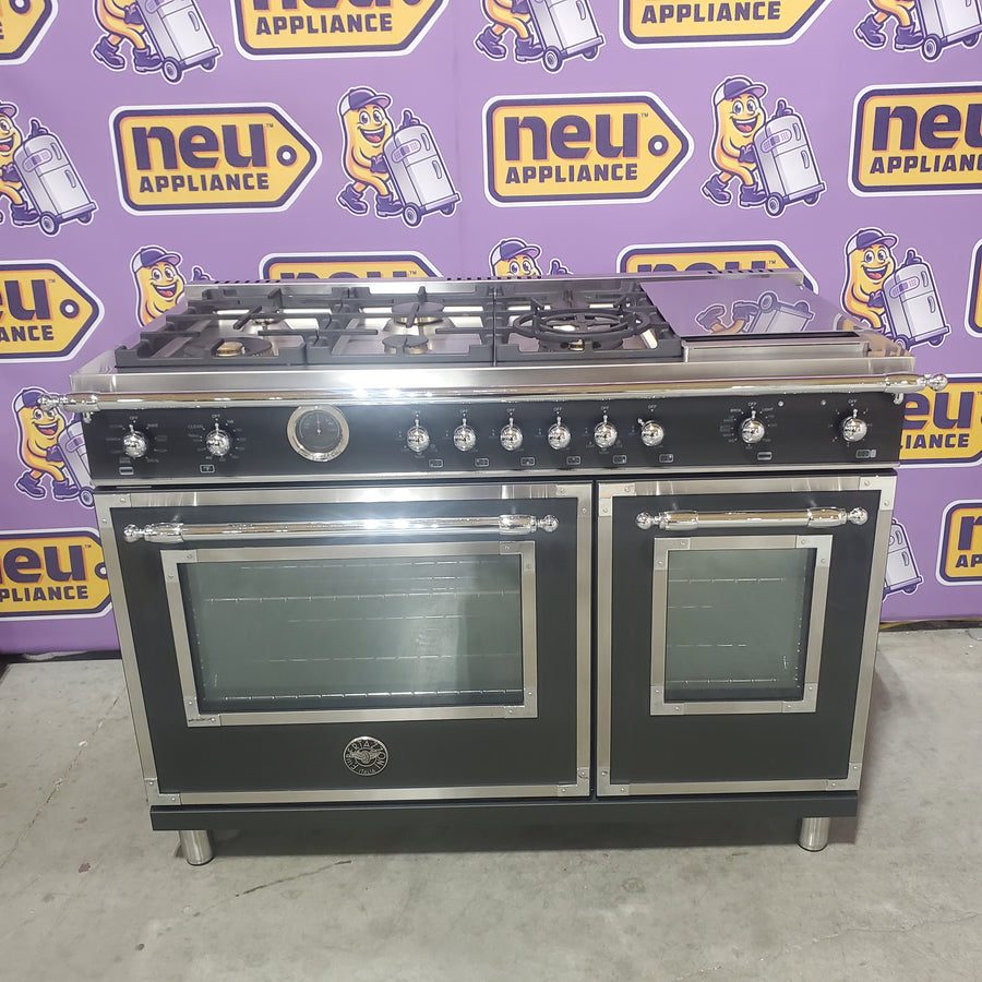 Bertazzoni 48 Inch Freestanding Dual Fuel Range with 6 Sealed Burners, Double Oven, 7 Cu. Ft. Total Capacity, Continuous Grates, Self Clean, Elegant Digital Gauge, and Dual Diagonal Convection Fans HERT486GDFSNET - Open Box