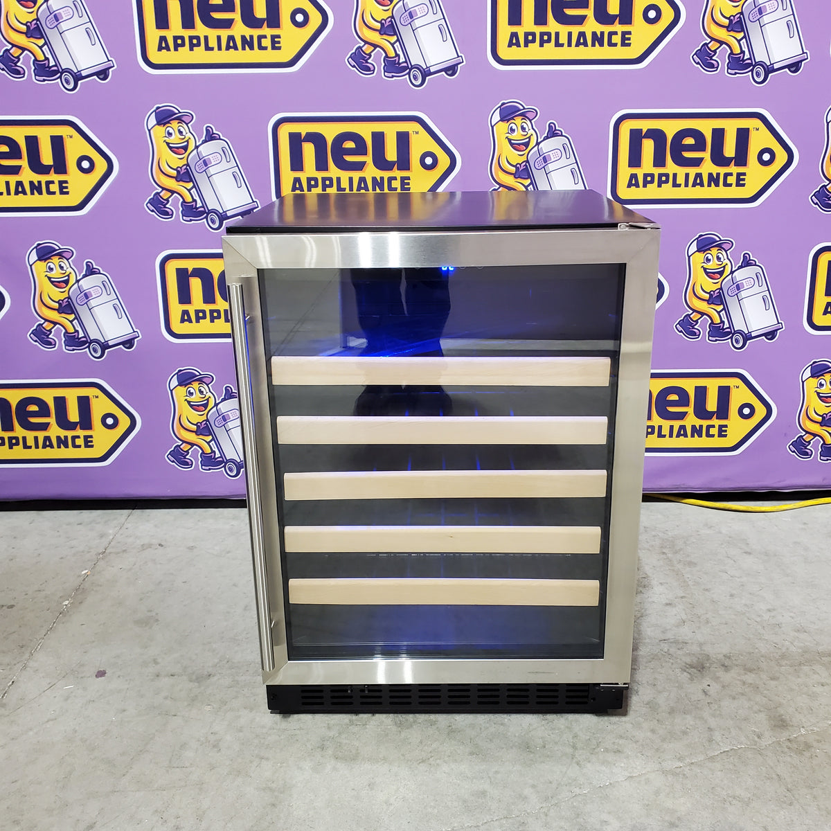 Azure 24 Inch Wine Center with 5.1 cu. ft. Capacity, Wood Front Racks, Field Reversible Door, Blue LED Lighting, Digital Display Controls, and Auto Defrost A124WC-S - Scratch & Dent (Minor)