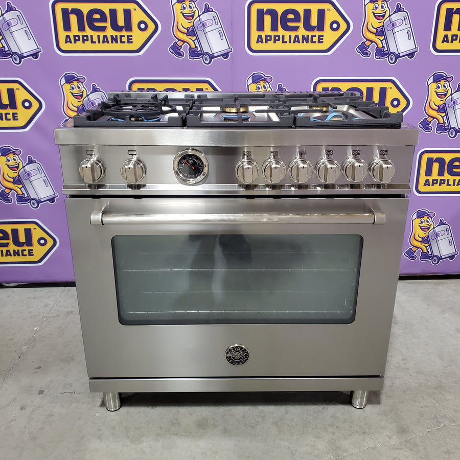 Bertazzoni 36 Inch Freestanding Gas Range with 6 Sealed Burners, European Convection Oven, Elegant Temperature Gauge, and 19000 BTU Power Burner MAS366BCFGMXT - Scratch & Dent (Minor)