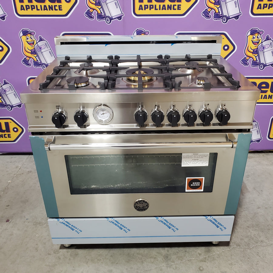 Bertazzoni 36 Inch Pro-Style Gas Range with 5 Sealed Brass Burners, 4.4 cu. ft. Convection Oven, Manual Clean, and Storage Drawer MAS365GASXT - Open Box