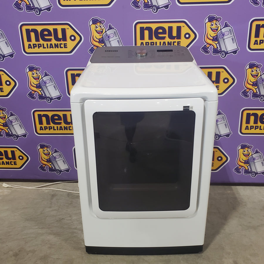 Samsung 5.2 cu. ft. Large Capacity Smart Top Load Washer with Super Speed Wash in White WA52DG5500AW - Scratch & Dent (Minor) and Samsung White Smart Electric 7.4 Cu. Ft. Dryer with Sensor Dry and Steam Sanitize+ DVE52A5500W - Scratch & Dent (Moderate)