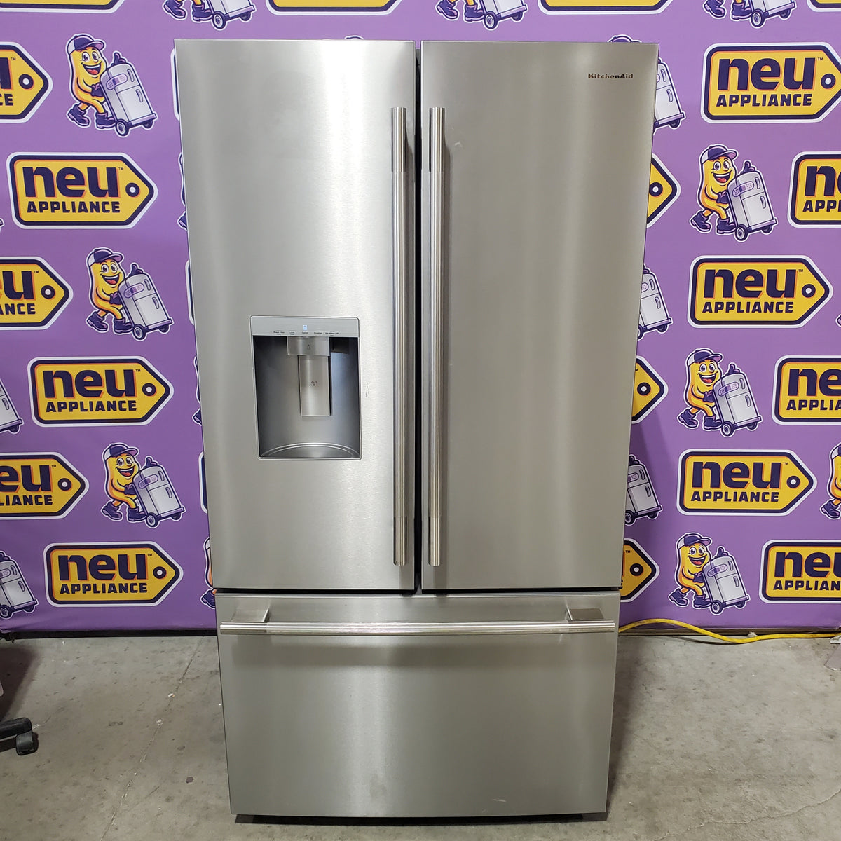 KitchenAid 36 in. 30 cu. ft. Standard Depth French Door Refrigerator in PrintShield Stainless with Exterior Water and Ice KRFF436SPS - Scratch & Dent (Moderate)