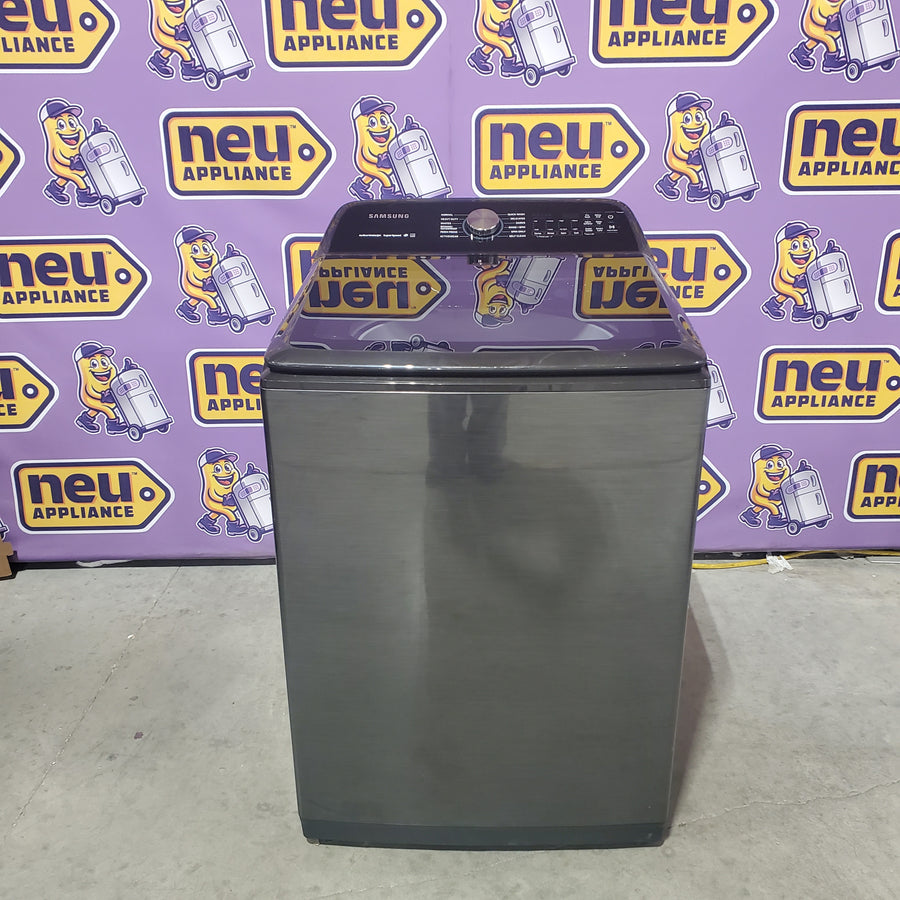 Samsung 5.0 cu. ft. Energy Star Top Load Washer with Active Water Jet in Black Stainless Steel WA50R5400AV - Certified Refurbished and Samsung Black Stainless Steel Electric 7.4 Cu. Ft. Dryer with Steam Sanitize DVE50R5400V - Certified Refurbished