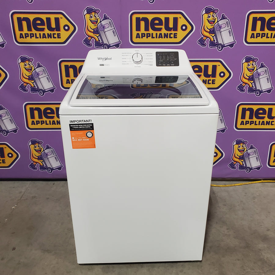 Whirlpool 4.2-4.3 Cu. Ft. Top Load Washer with 2-in-1 Removable Agitator and Soft Close Glass Lid WTW4307SW - Open Box and Whirlpool 7.0 cu. ft. Electric Dryer with Adaptive Dry and Wrinkle Shield™ Option WED4307SW - Scratch & Dent (Minor)