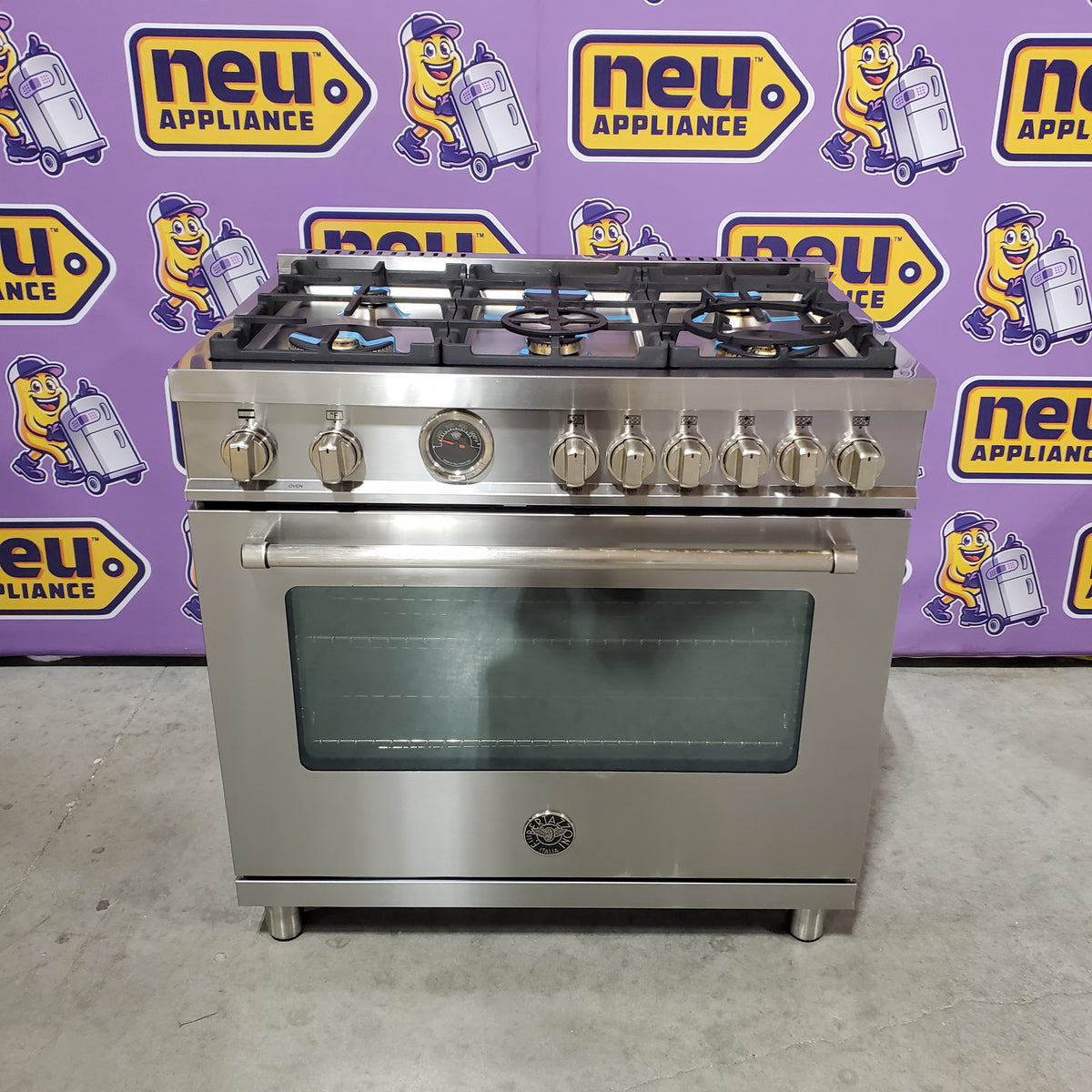 Bertazzoni 36 inch Dual Fuel Range, 6 Brass Burners and Cast Iron Griddle, Electric Self-Clean Oven MAST366DFSXT - Scratch & Dent (Minor)