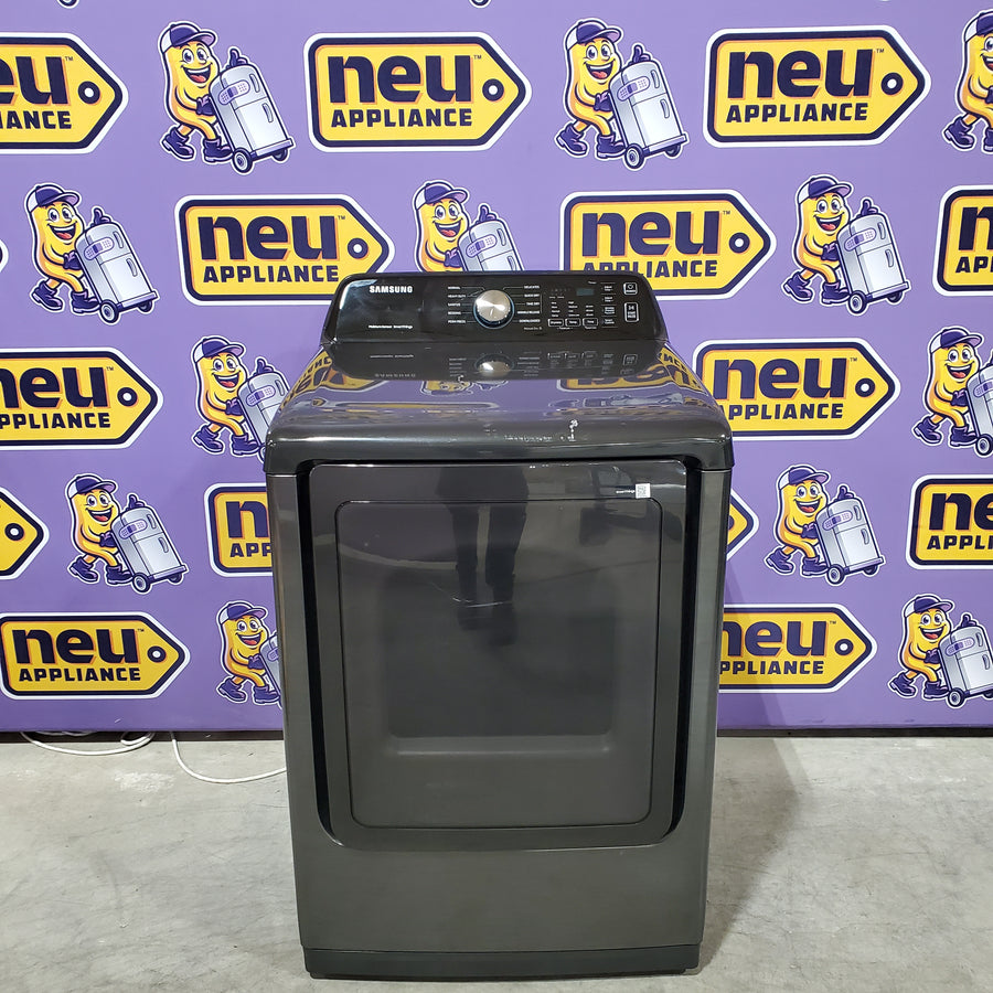 Samsung 4.7 cu. ft. Large Capacity Smart Top Load Washer with Active WaterJet in Brushed Black WA47CG3500AV - Scratch & Dent (Minor) and Samsung Brushed Black 7.4 cu. ft. Smart Electric Dryer with Sensor Dry DVE47CG3500V - Scratch & Dent (Major)