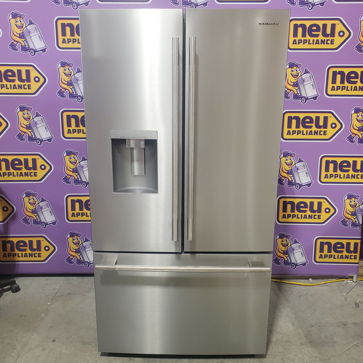KitchenAid 36 in. 30 cu. ft. Standard Depth French Door Refrigerator in PrintShield Stainless with Exterior Water and Ice KRFF436SPS - Scratch & Dent (Minor)