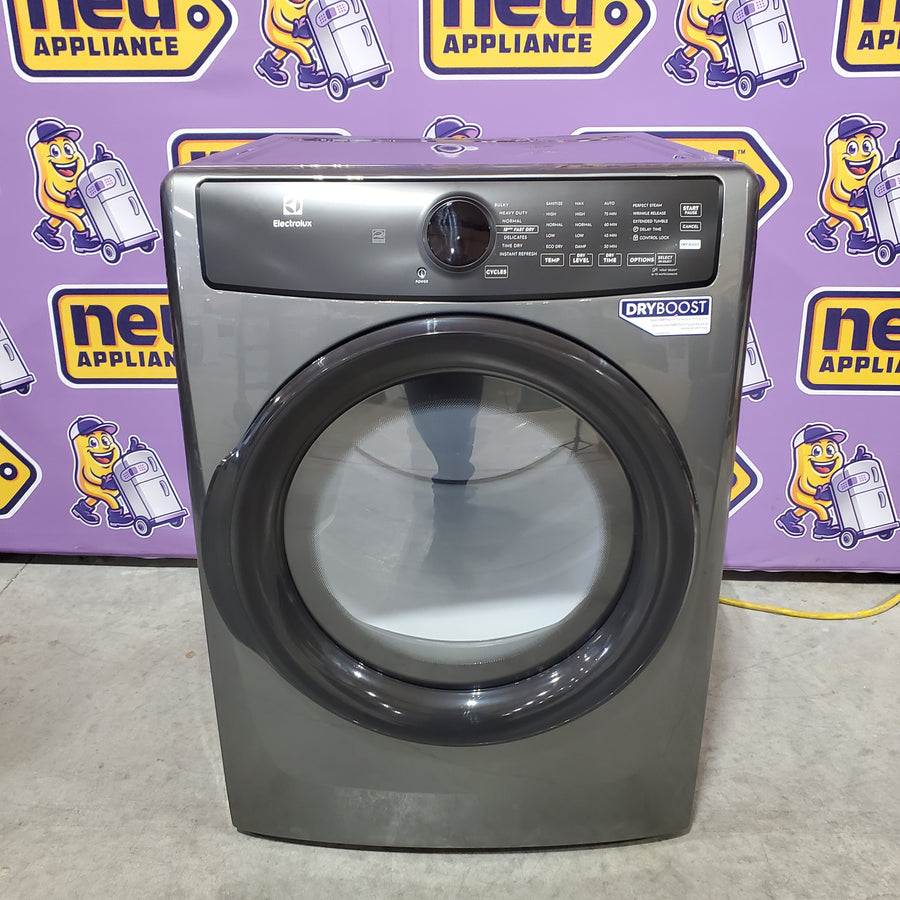 Electrolux 400 Series Front Load Washer - 4.5 Cu. Ft. ELFW7437AT - Scratch & Dent (Minor) and Electrolux 8-cu ft Stackable Vented Electric Dryer with Steam Cycle in Titanium ELFE7437AT - Scratch & Dent (Moderate)