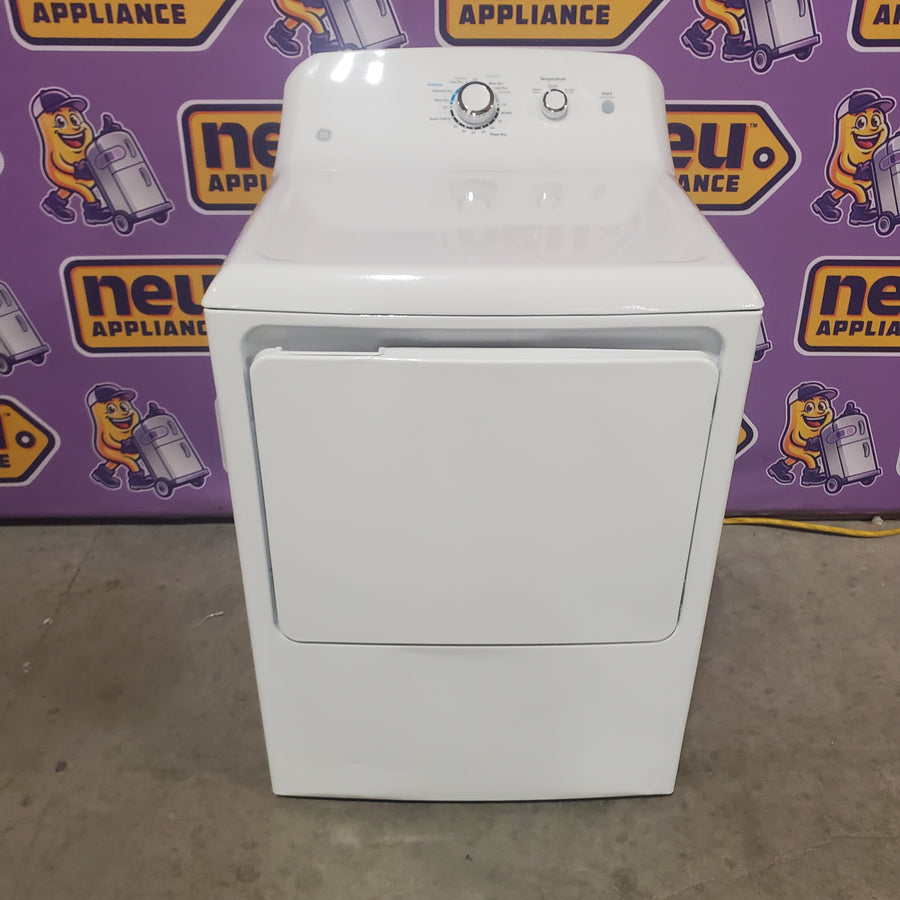GE White Electric 6.2 Cu. Ft. Capacity Dryer with Shallow Depth and Up to 120 Ft. Venting Capability GTX33EASKWW - Scratch & Dent (Minor)