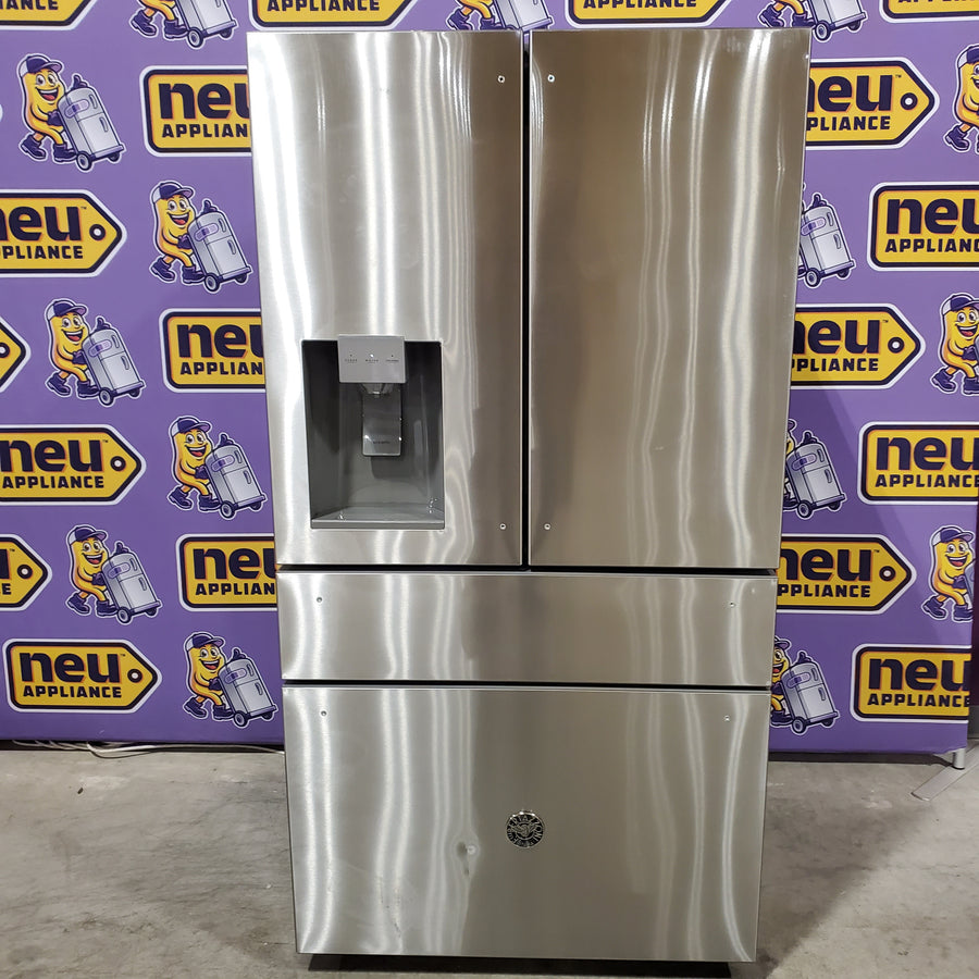 Bertazzoni 36 Inch Freestanding 4-Door French Door Refrigerator with 21.6 Cu. Ft. Total Capacity, Precise Temperature, Individual Quattro Temp Zone Drawer, and Dual Humidity-Controlled Crispers REF36FDFZXNT - Scratch & Dent (Moderate)