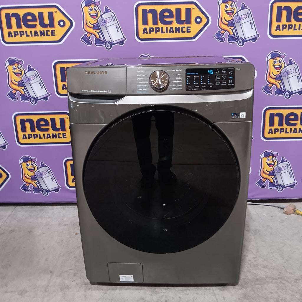 Samsung 4.5 cu. ft. Large Capacity Smart Front Load Washer with Super Speed Wash in Platinum WF45B6300AP - Scratch & Dent (Minor) and Samsung 7.5 cu. ft. Front Load Electric Dryer with Steam 16272 - DVE45B6300P - Scratch & Dent (Minor)