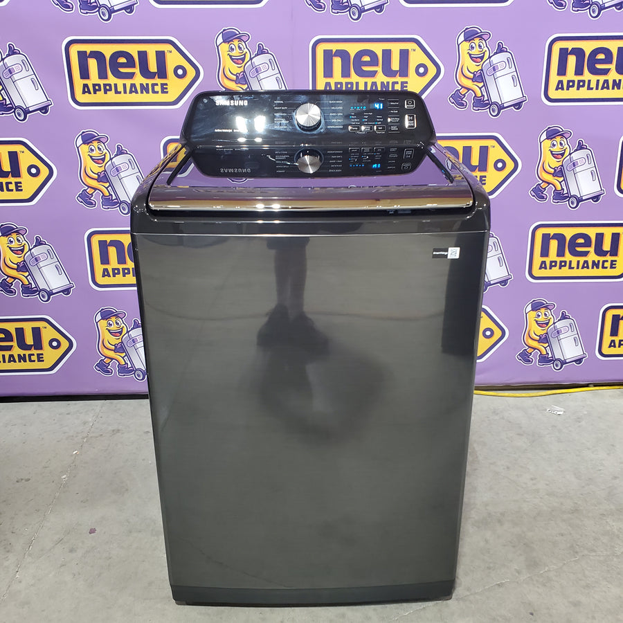 Samsung 4.7 cu. ft. Large Capacity Smart Top Load Washer with Active WaterJet in Brushed Black WA47CG3500AV - Scratch & Dent (Minor) and Samsung Brushed Black 7.4 cu. ft. Smart Electric Dryer with Sensor Dry DVE47CG3500V - Scratch & Dent (Major)