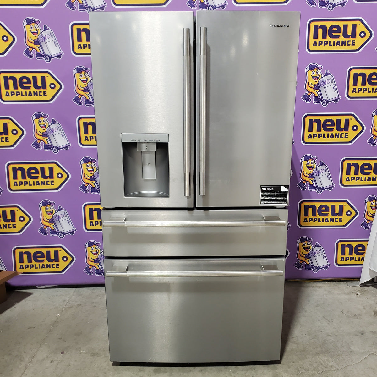 KitchenAid 36 in. 29 cu. ft. Standard Depth French Door Refrigerator in PrintShield Stainless with FreshChill Full-Width Drawer KRMF436SPS - Open Box