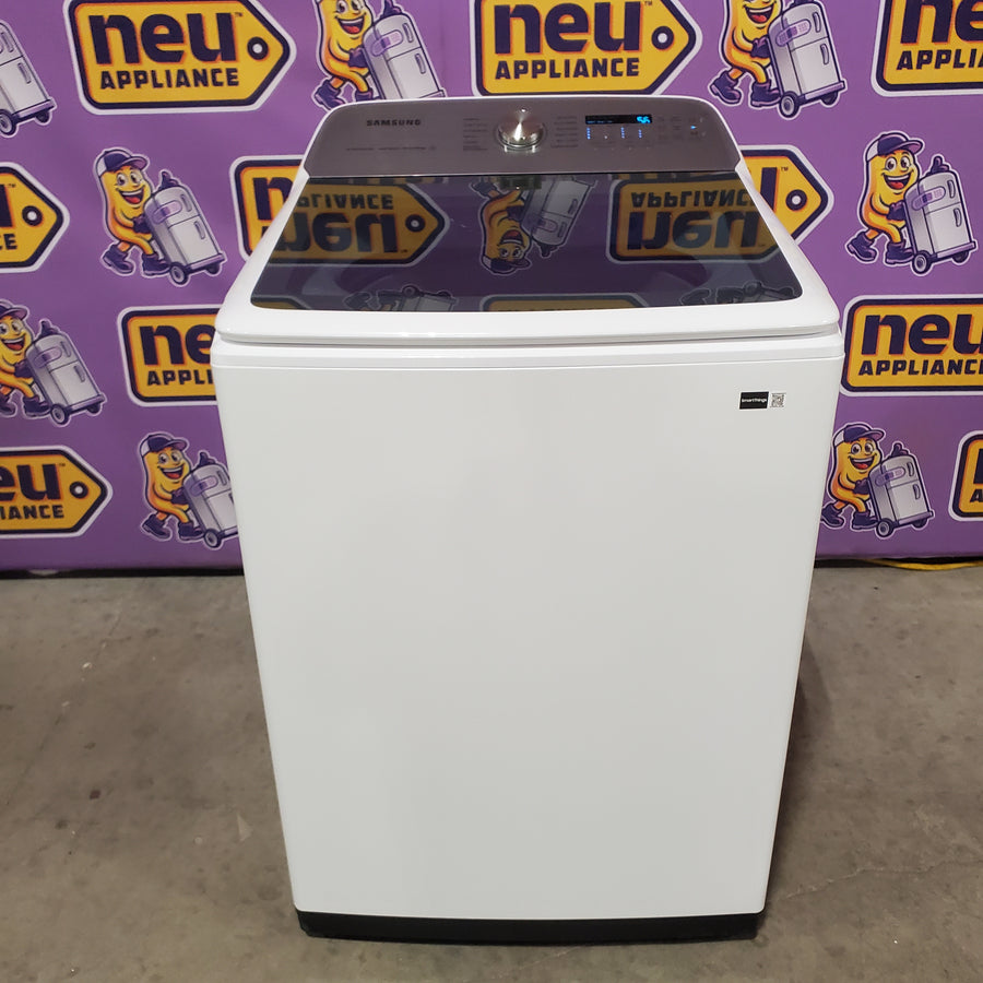 Samsung 5.2 cu. ft. Large Capacity Smart Top Load Washer with Super Speed Wash in White WA52DG5500AW - Scratch & Dent (Minor) and Samsung White Smart Electric 7.4 Cu. Ft. Dryer with Sensor Dry and Steam Sanitize+ DVE52A5500W - Scratch & Dent (Minor)