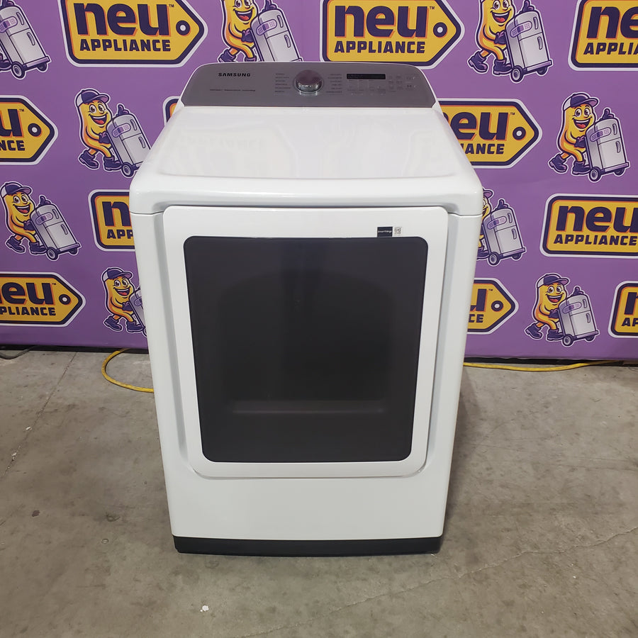 Samsung 5.0 cu. ft. Top Load Washing Machine with Active Water Jet WA50R5200AW - Scratch & Dent (Moderate) and Samsung White Smart Electric 7.4 Cu. Ft. Dryer with Sensor Dry and Steam Sanitize+ DVE52A5500W - Scratch & Dent (Minor)