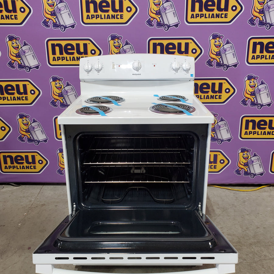GE Hotpoint 30-in 4 burners 5.0-cu ft Freestanding Electric Range in White RBS330DR3WW - Scratch & Dent (Moderate)