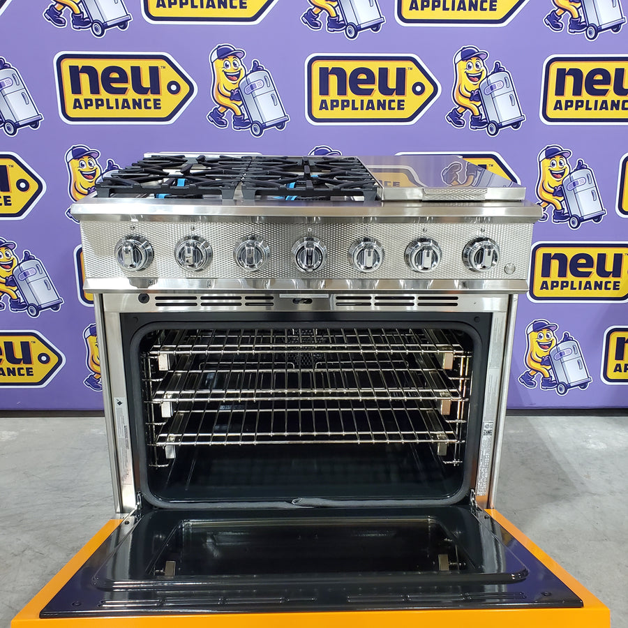 Hestan Dual Fuel Range with 4 Burners, 12 Inch Griddle, MarquiseDisplay™, PureVection™, CircuFlame™, Continuous Grates and 5.8 cu. ft. Oven Cavity KRD364GDNG - Scratch & Dent (Minor)