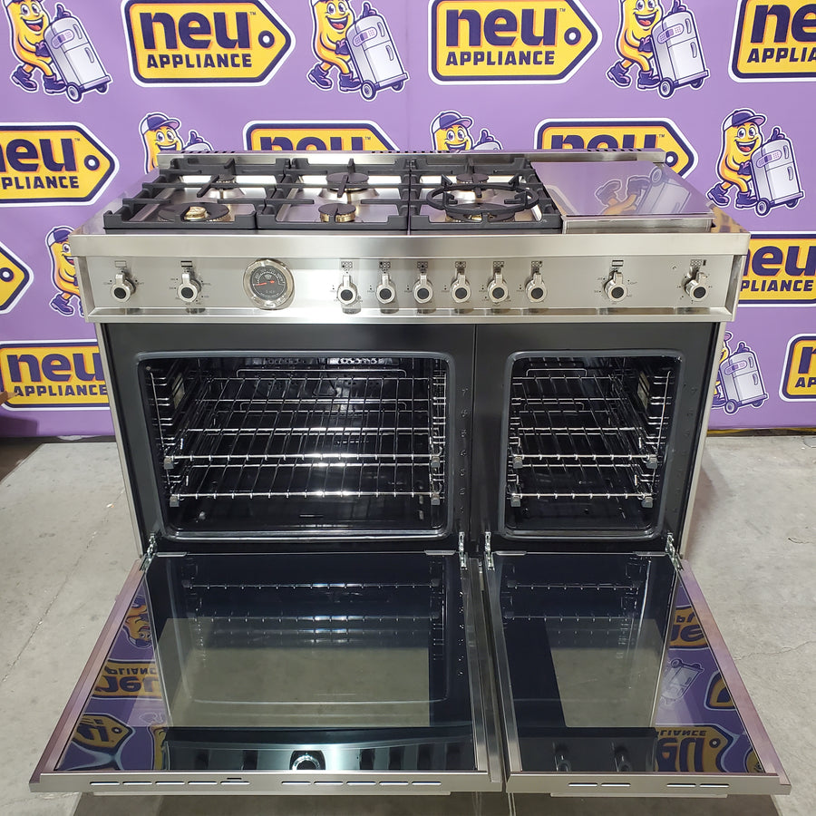 Bertazzoni 48 Inch Freestanding Gas Range with 6 Sealed Burners, 7.1 cu. ft. Total Capacity, Dual Convection, and Electric Griddle PRO486BTFGMXT - Scratch & Dent (Minor)