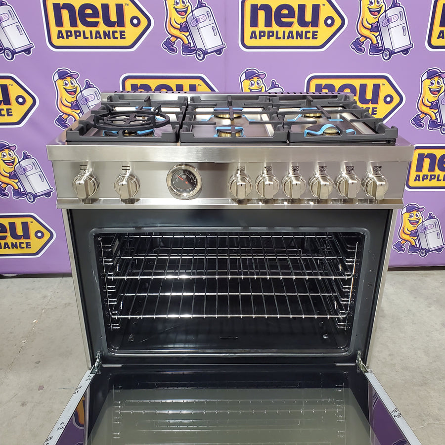 Bertazzoni 36 Inch Freestanding Gas Range with 6 Sealed Burners, European Convection Oven, Elegant Temperature Gauge, and 19000 BTU Power Burner MAS366BCFGMXT - Scratch & Dent (Minor)