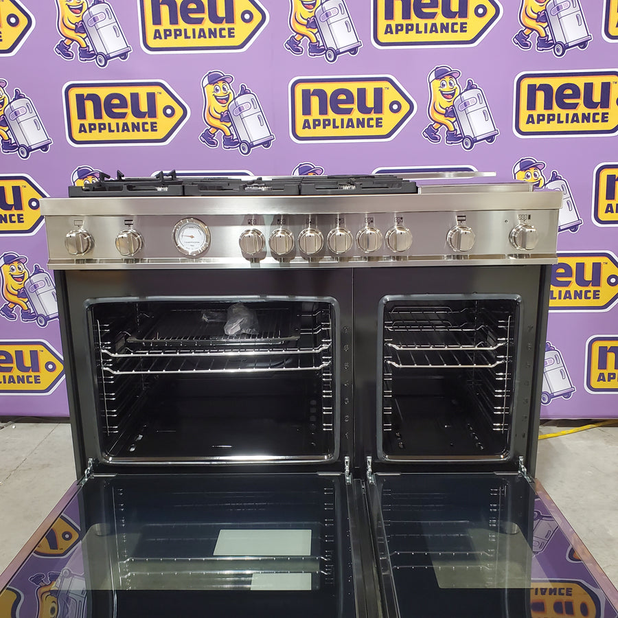 Bertazzoni 48 Inch Freestanding Gas Range with 6 Sealed Burners, Integrated Electric Griddle, 7.1 cu. ft. Total Oven Capacity, and Double Oven MAS486GGASNEV - Open Box