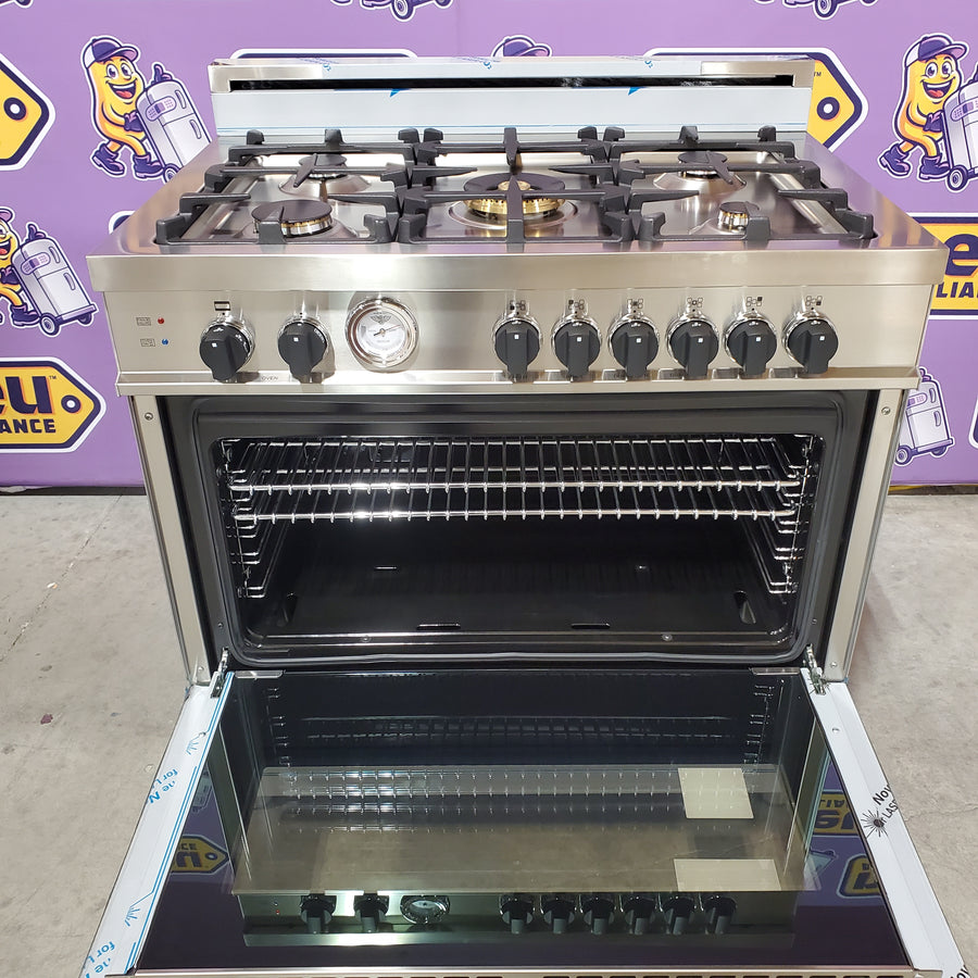 Bertazzoni 36 Inch Pro-Style Gas Range with 5 Sealed Brass Burners, 4.4 cu. ft. Convection Oven, Manual Clean, and Storage Drawer MAS365GASXT - Open Box