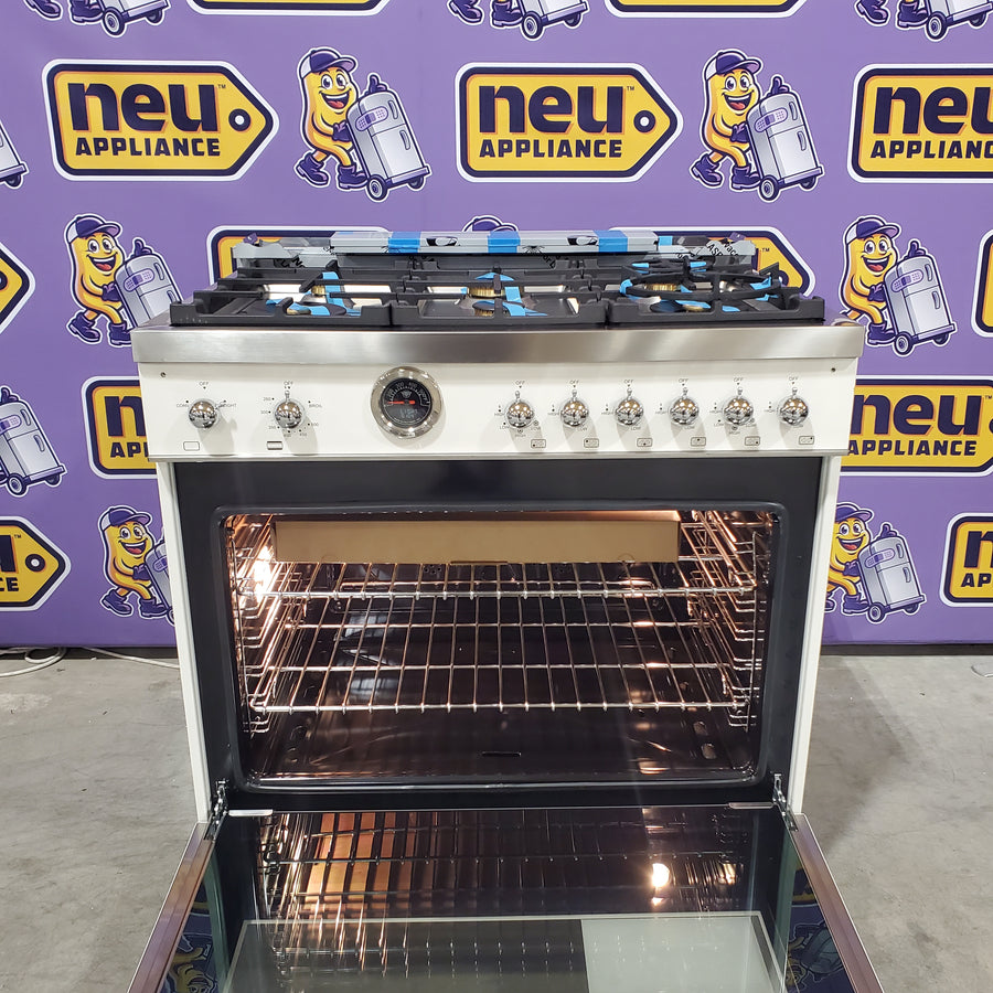 Bertazzoni 36 Inch Freestanding Gas Range with 6 Sealed Burners, 5.7 cu. ft. Oven Capacity, European Convection Oven, and 19000 BTU Power Burners HER366BCFGMAVT - Scratch & Dent (Minor)