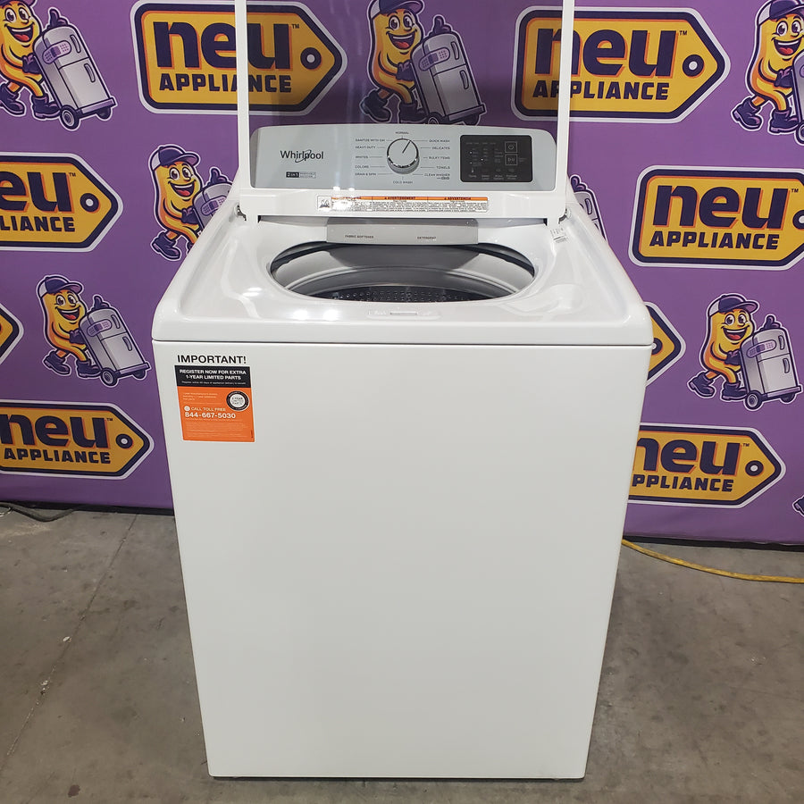 Whirlpool 4.2-4.3 Cu. Ft. Top Load Washer with 2-in-1 Removable Agitator and Soft Close Glass Lid WTW4307SW - Scratch & Dent (Minor) and Whirlpool 7.0 cu. ft. Electric Dryer with Adaptive Dry and Wrinkle Shield™ Option WED4307SW - Scratch & Dent (Minor)