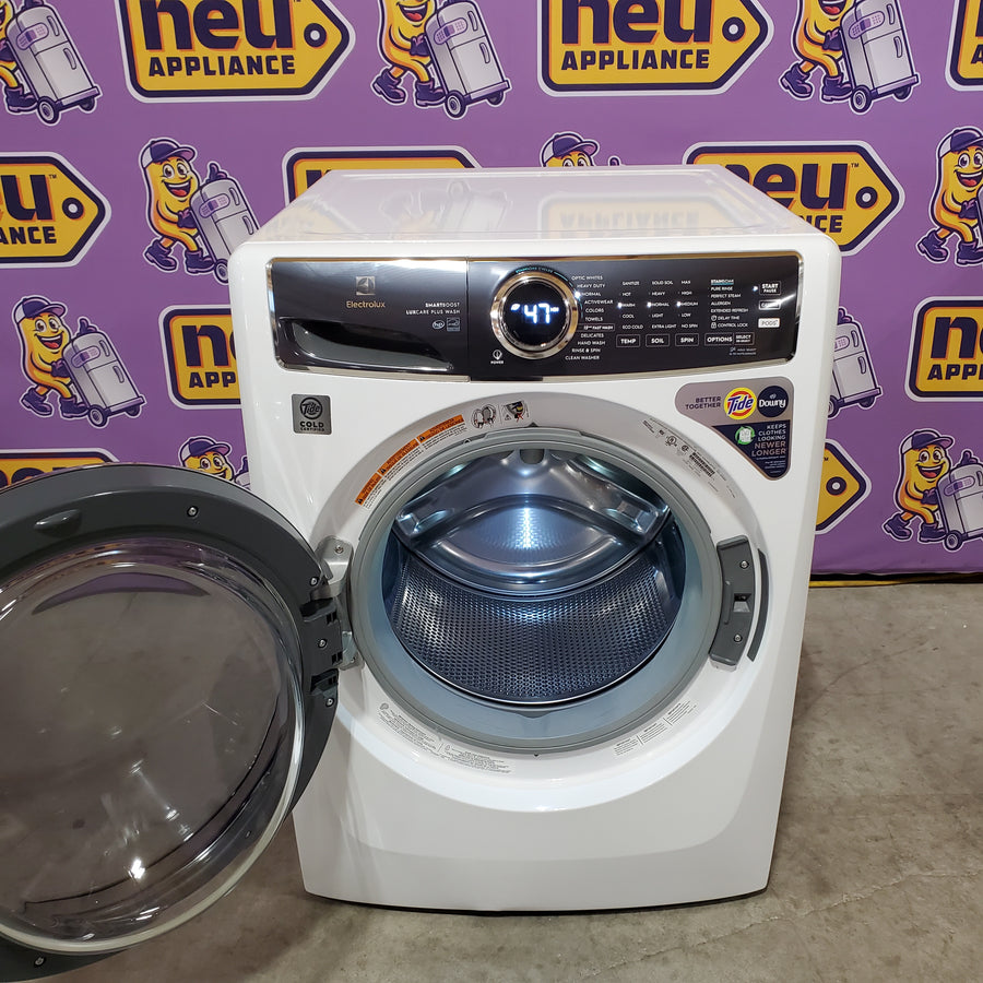 Electrolux 4.5 Cu.Ft. Stackable Front Load Washer with Steam and SmartBoost Wash System ELFW7637AW - Open Box and Electrolux 8.0 Cu. Ft. Front Load Perfect Steam™ Electric Dryer with Balanced Dry™ and Instant Refresh ELFE7626BW - Scratch & Dent (Minor)