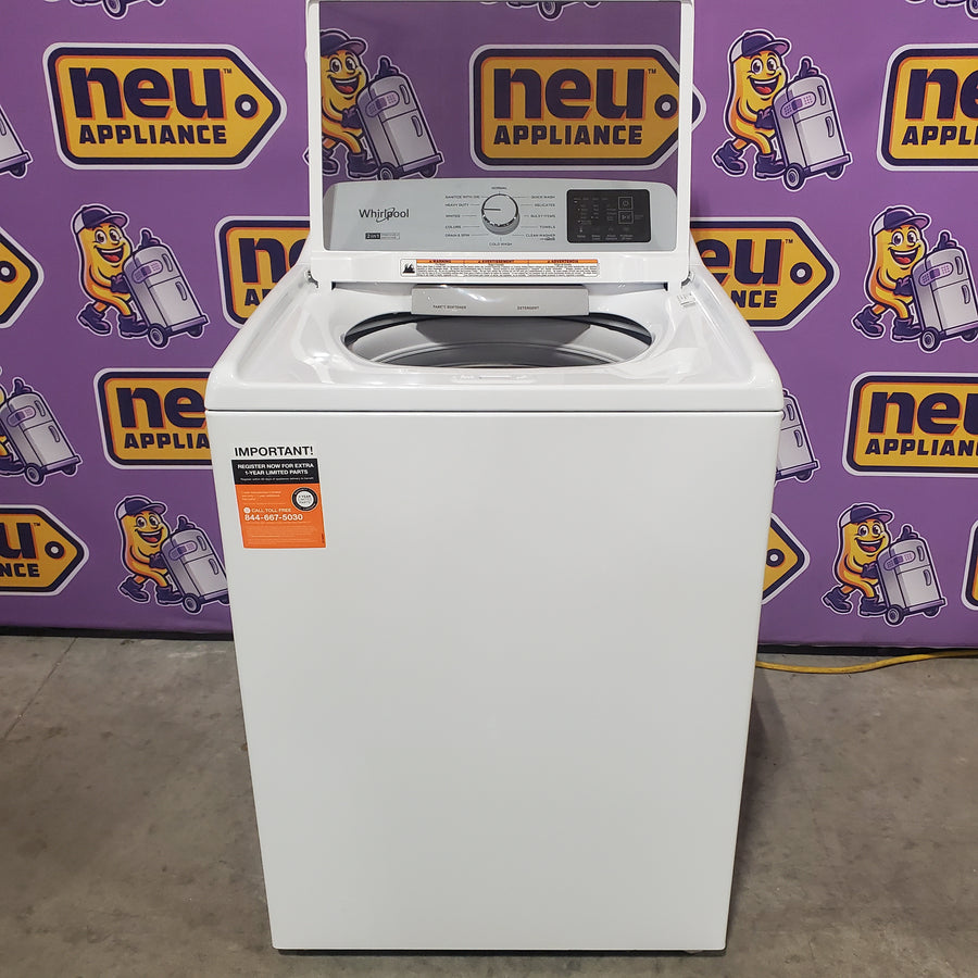 Whirlpool 4.2-4.3 Cu. Ft. Top Load Washer with 2-in-1 Removable Agitator and Soft Close Glass Lid WTW4307SW - Open Box and Whirlpool 7.0 cu. ft. Electric Dryer with Adaptive Dry and Wrinkle Shield™ Option WED4307SW - Open Box