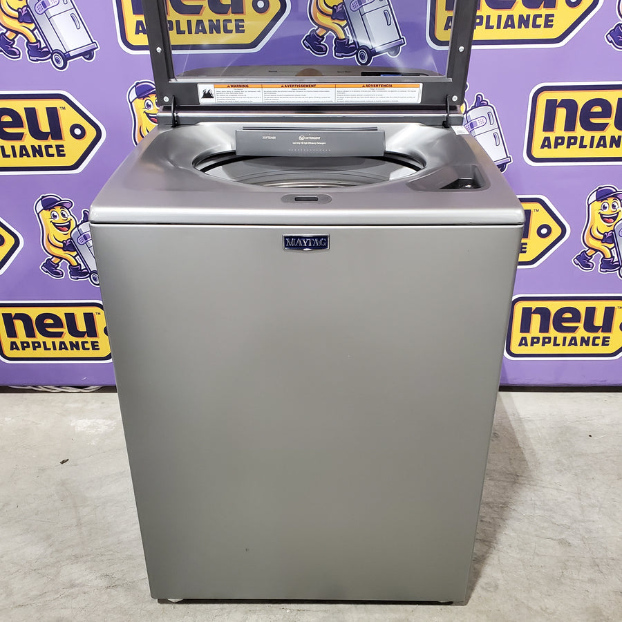 Maytag 5.3 cu. ft. Top Load Washer in Classic Silver with Impeller and Extra Power Option MTW6200RR - Open Box and  Maytag 7.4 cu. ft. Vented Front Load Electric Dryer in Classic Silver with Extra Power MED6205RR - Open Box
