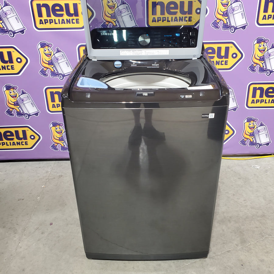 Samsung 4.7 cu. ft. Large Capacity Smart Top Load Washer with Active WaterJet in Brushed Black WA47CG3500AV - Scratch & Dent (Minor) and Samsung Brushed Black 7.4 cu. ft. Smart Electric Dryer with Sensor Dry DVE47CG3500V - Scratch & Dent (Major)