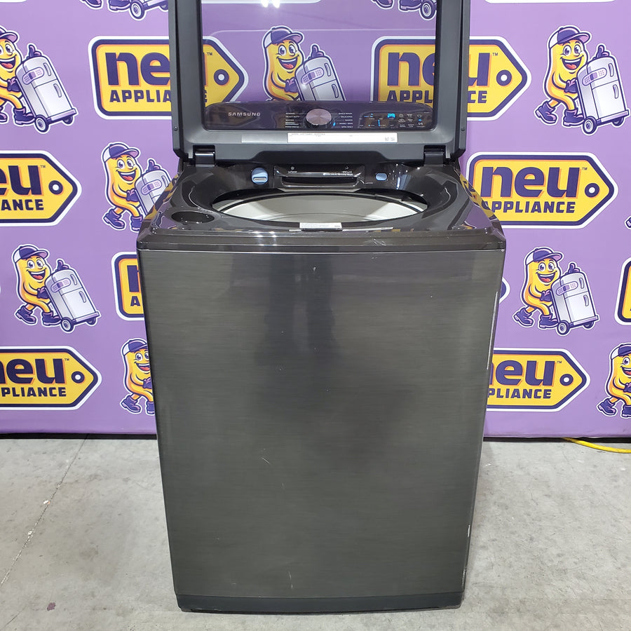 Samsung Stainless Steel 5.0 Cu. Ft. Washer with SuperSpeed and Active WaterJet WA50R5400AV - Certified Refurbished and Samsung Electric 7.4 Cu. Ft. Dryer with PetCare Dry and Steam Sanitize+ DVE54CG7150D - Scratch and Dent (Moderate)