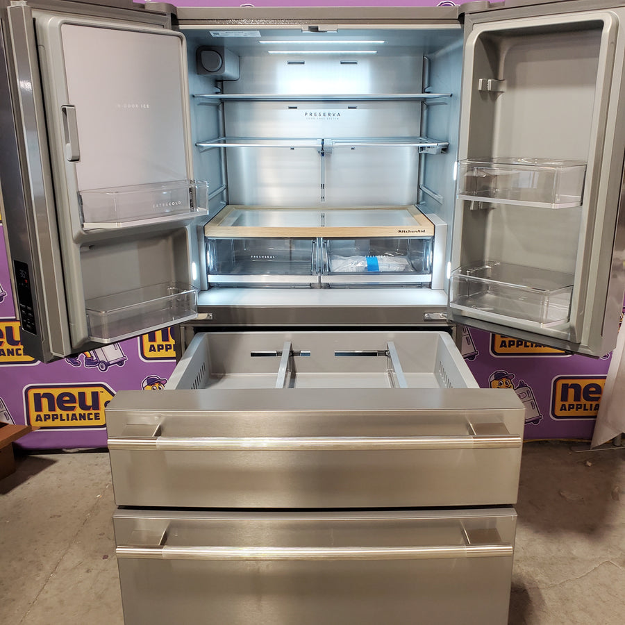 KitchenAid 36 in. 29 cu. ft. Standard Depth French Door Refrigerator in PrintShield Stainless with FreshChill Full-Width Drawer KRMF436SPS - Open Box