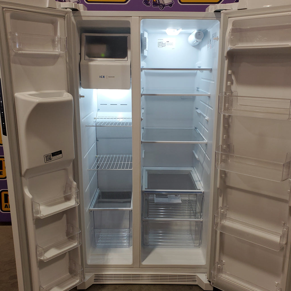 Frigidaire 25.6 cu. ft. Side by Side Refrigerator in White with Exterior Ice and Water Dispenser 22221428 - FRSS2623AW - Scratch & Dent (Minor)