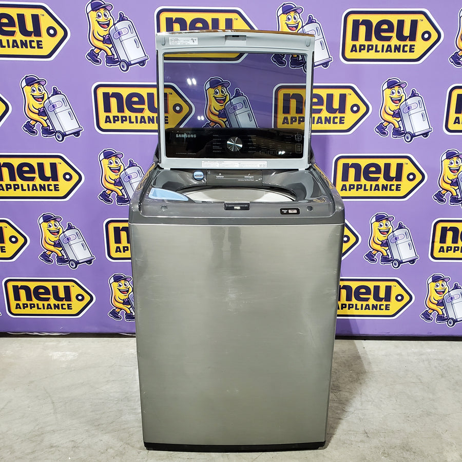 Samsung 4.4 cu. ft. Top Load Washer with ActiveWave™ Agitator and Active WaterJet in Platinum WA44A3405AP - Certified Refurbished and Samsung Platinum Electric 7.4 Cu. Ft. Dryer with Sensor Dry DVE45T3400P - Certified Refurbished